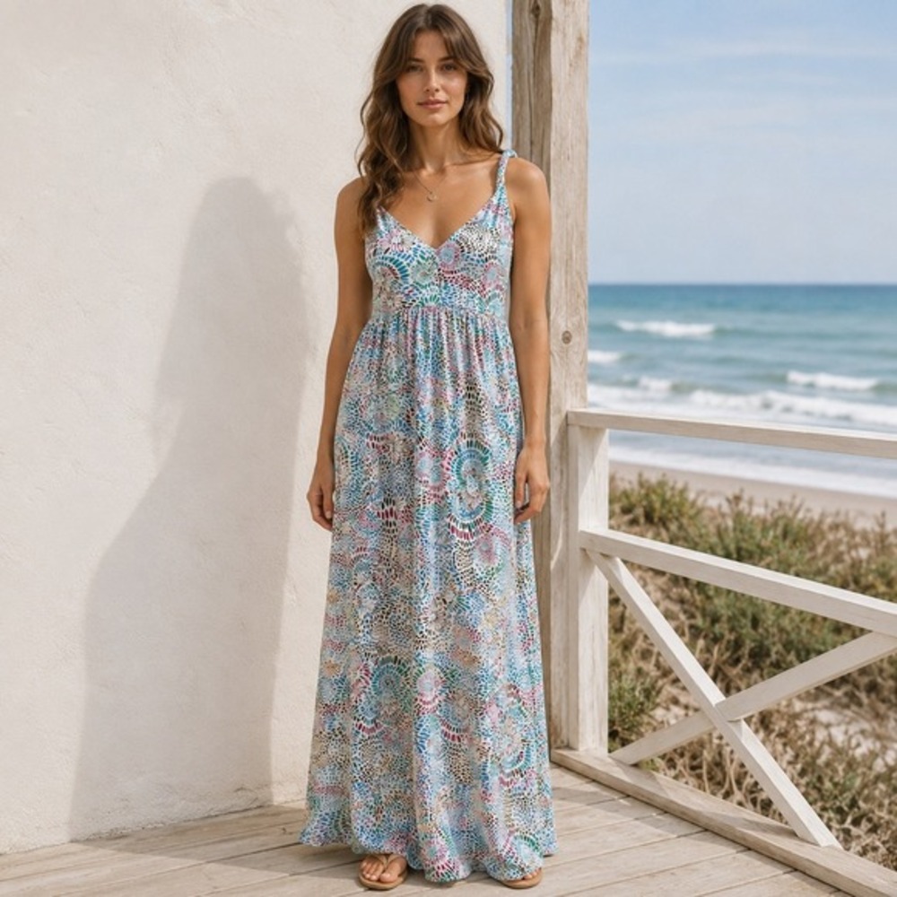 Aventura Sustainable Bamboo Maxi‎ Dress Medium Boho Coastal Resort Beachy Floral